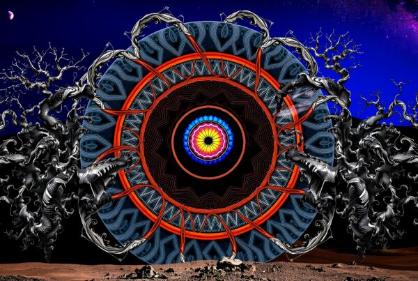 Vibrant, surreal mandala amidst cosmic landscape with starry sky.