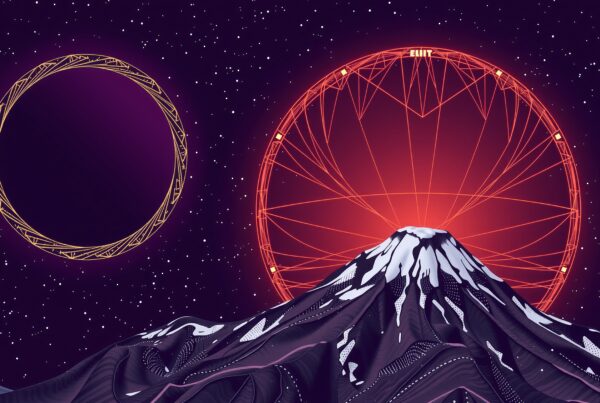 A surreal cosmic landscape featuring a snow-capped mountain beneath intricate celestial bodies in a starry purple sky.
