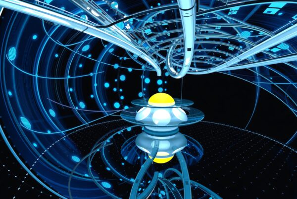 A futuristic digital tunnel with a glowing yellow orb.