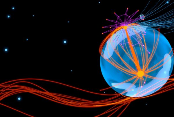 Abstract digital network with glowing blue sphere and dynamic orange lines.