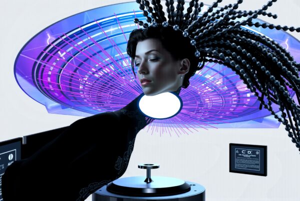 Futuristic art piece with digital elements, luminous colors, and surreal design.