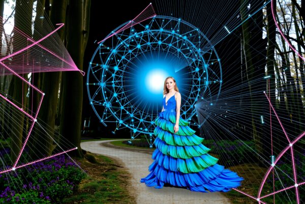 A woman in a vibrant blue gown stands on a forest path against a futuristic geometric backdrop.