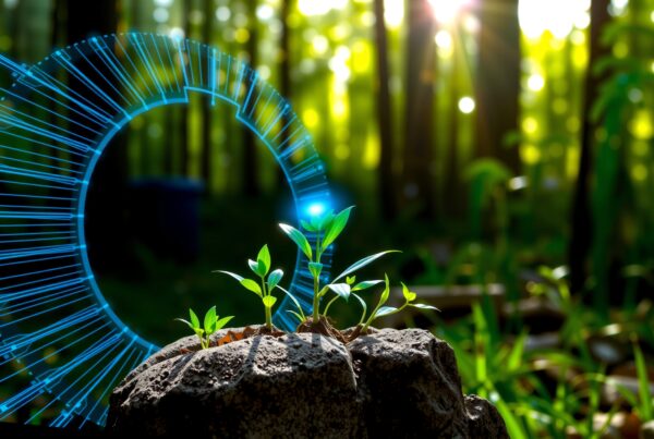 Vibrant green plants interwoven with holographic technology in a sunlit forest setting.