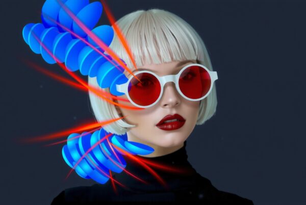 Futuristic portrait with bright lights, white sunglasses, and platinum blonde hair.