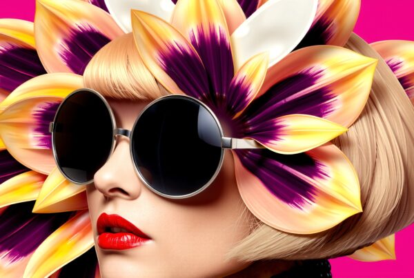 A stylish woman with a floral headpiece and sunglasses against a bright pink background.