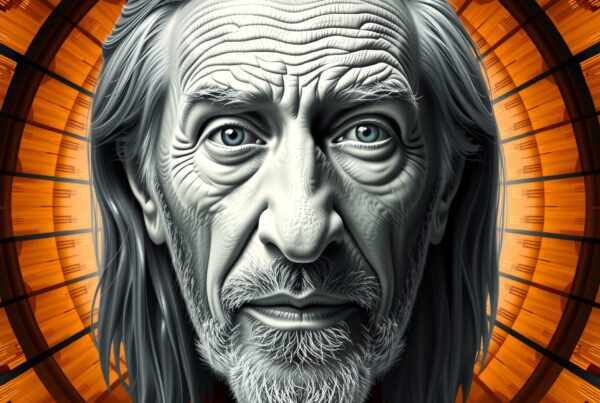 A detailed grayscale portrait of an elderly man set against an abstract, vibrant orange, futuristic tunnel background.