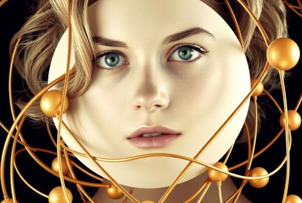 A surreal portrait of a woman surrounded by golden orbits, creating an atomic, futuristic aesthetic.
