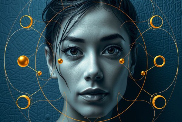 Artistic portrait of a woman with geometric patterns and vibrant gold accents overlapping her face, set against a textured background.