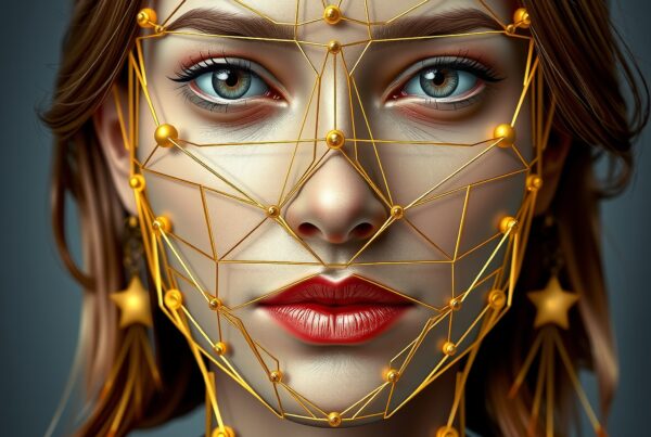 A woman's face with golden geometric patterns, enhancing her striking blue eyes and star earrings for a modern, artistic look.