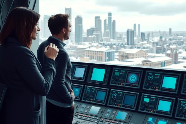 Modern control room with city view.