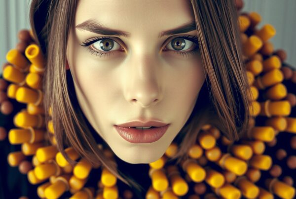 Portrait of woman with unique necklace.