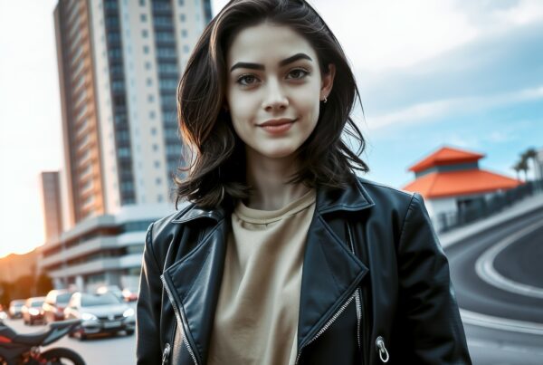 Young woman in leather jacket stands confidently in urban cityscape at sunset.