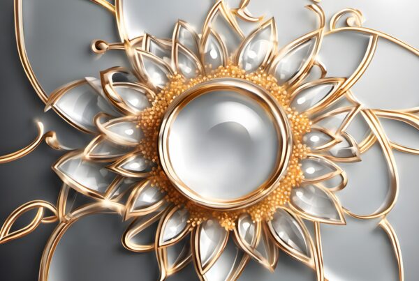 Golden mandala with central crystal sphere on gray background.