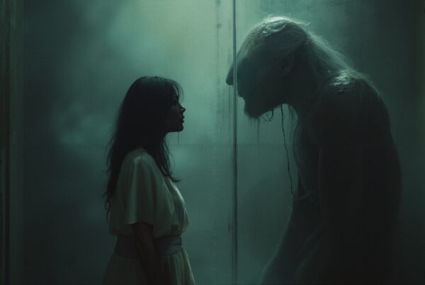 A mysterious woman faces a haunting creature through foggy glass, creating an eerie, atmospheric scene.