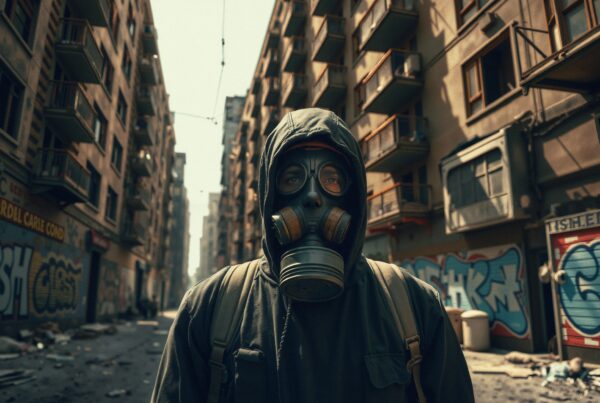 A person in a gas mask stands on a graffiti-lined street, evoking a post-apocalyptic atmosphere.