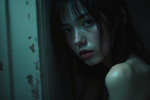Portrait of a pensive woman in soft teal light against a textured wall.