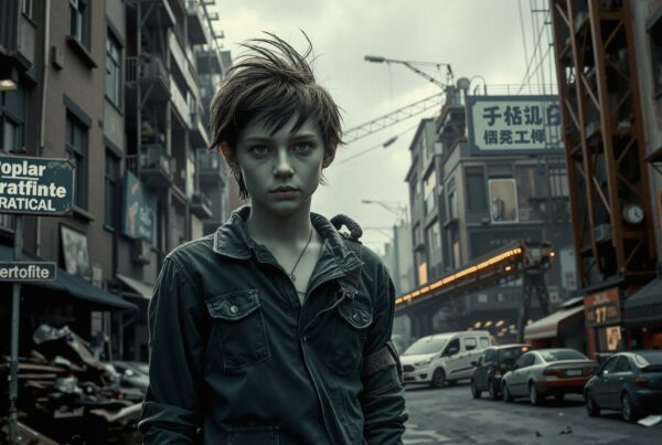 A young individual stands alone on an overcast city street flanked by industrial elements and diverse signage.