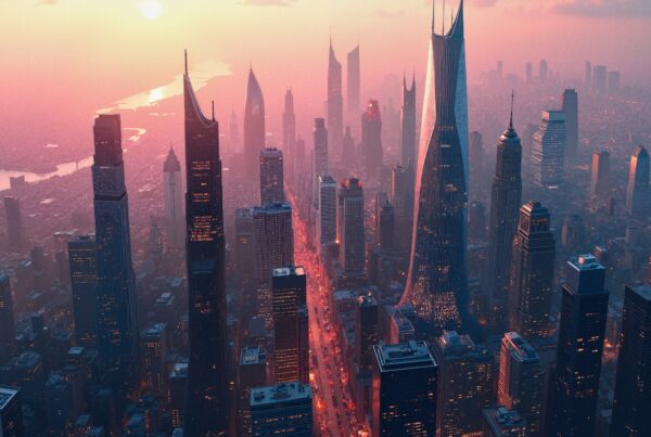 Futuristic skyscrapers and sunset cityscape.