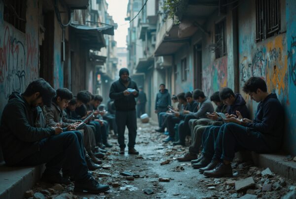An urban alley filled with individuals engrossed in their phones, illustrating isolation in a digitally connected world.