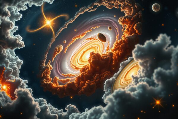 A fiery spiral galaxy surrounded by vibrant clouds and stars in space.