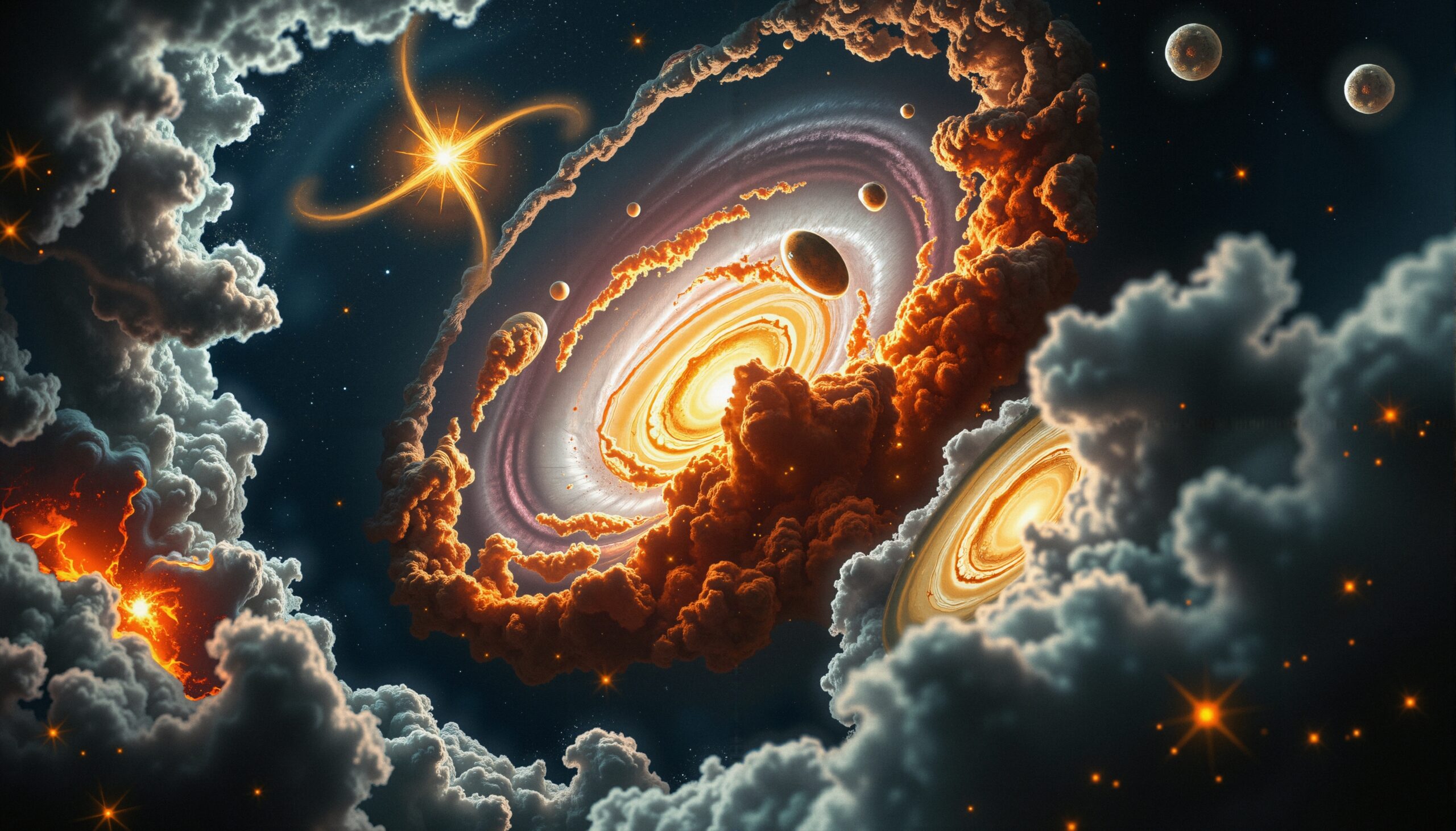 Galactic Whirl in Fiery Clouds