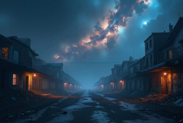 A desolate street under an ethereal, cosmic sky with warm streetlights illuminating the buildings.