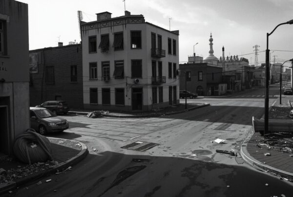 Grayscale image of a desolate urban street corner with scattered debris.