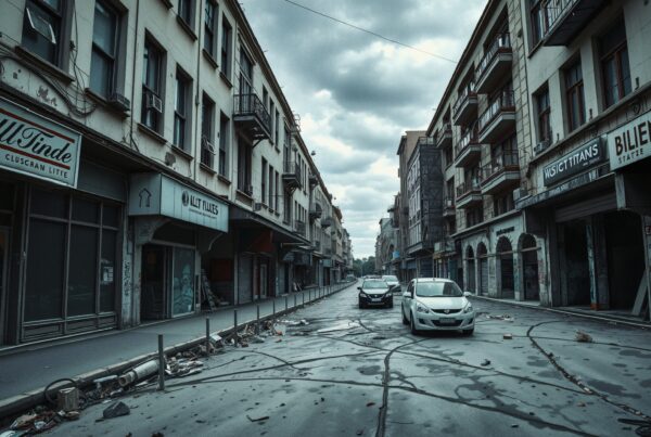 A cloudy urban street with closed shops, parked cars, and debris.