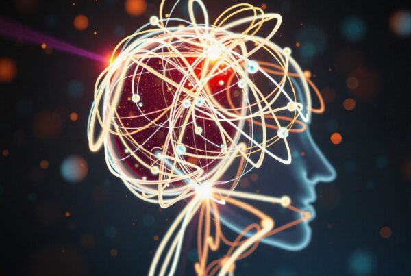 Illustration of an abstract glowing brain with neural connections on a dark background.