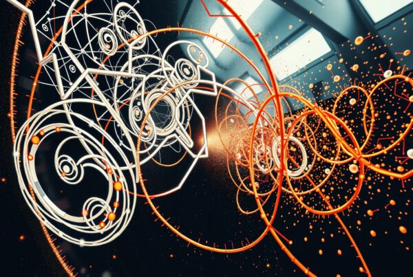 Colorful abstract image with intricate spirals and geometric patterns on a dark background.