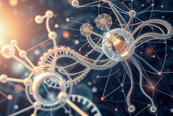 Abstract molecular and neural structures with interconnected nodes and luminous networks.