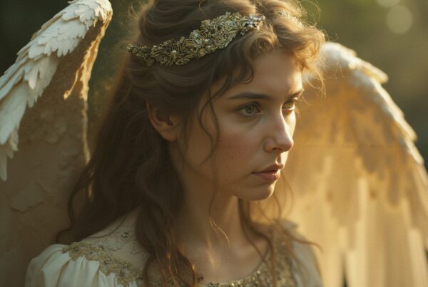 A serene angelic figure glows in golden sunlight with intricate headpiece.