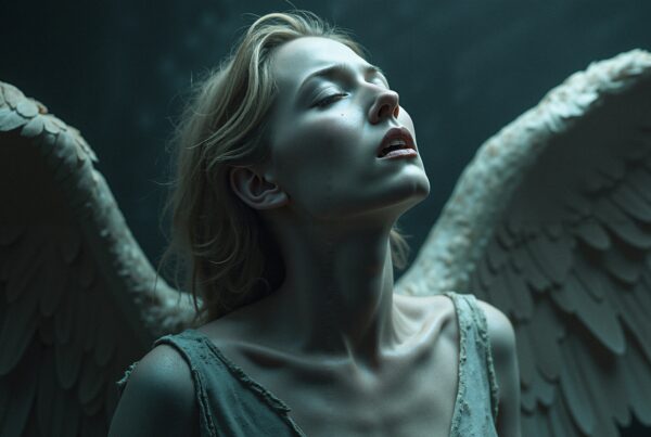 A serene woman with angelic wings, eyes closed, exuding peace.