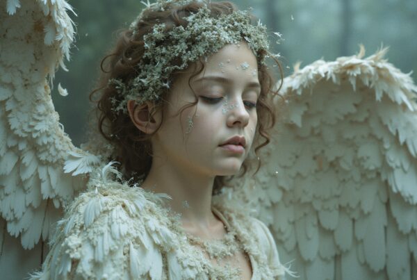 Ethereal portrait of an angelic figure with wings in a serene, natural setting.