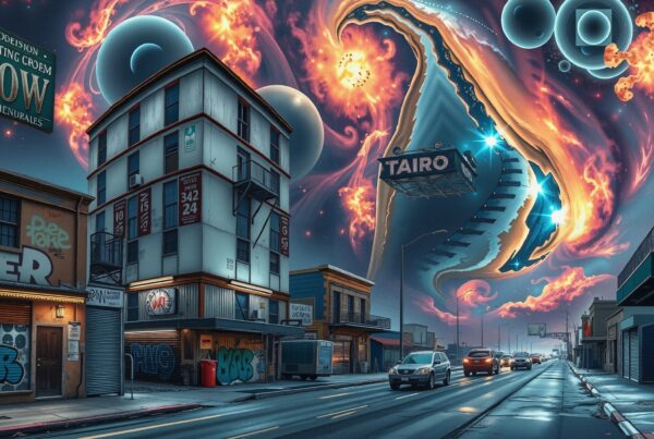 Surreal cosmic scene above urban street.