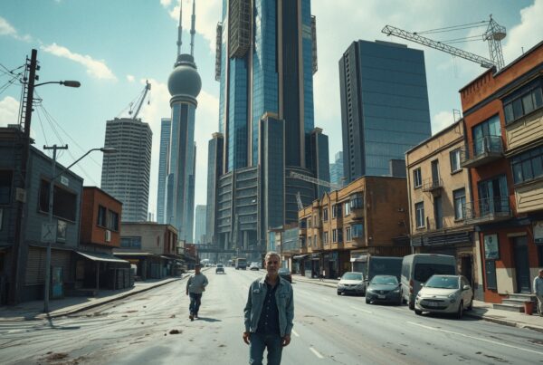 A man stands on a city street with towering skyscrapers and old buildings in the background.