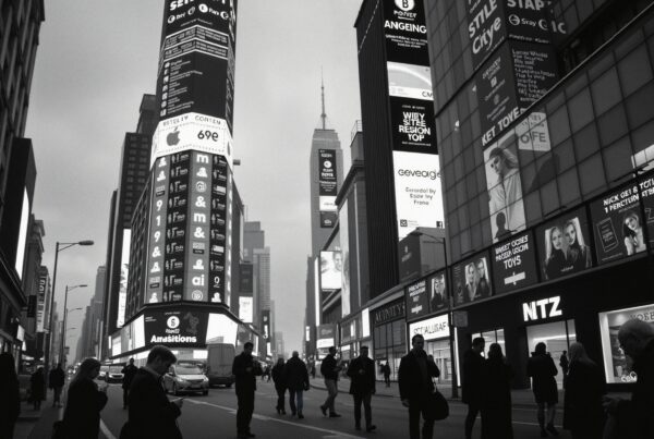 Monochrome city scene with illuminated billboards and bustling pedestrians.