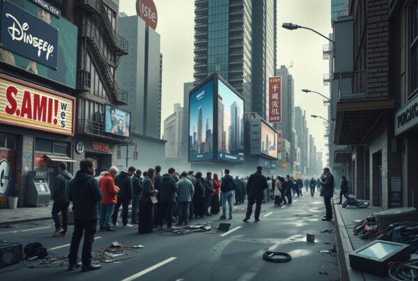Image of a bustling urban street with a queue of people, vibrant billboards, and scattered cables, depicting a chilly, misty city atmosphere with modern and old architectural elements.