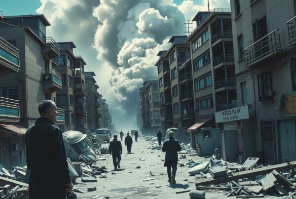 A street filled with debris and smoke, people walking amidst a post-disaster urban setting.