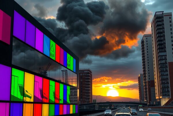 Vibrant urban sunset with colorful display reflecting on a city building facade, contrasting dramatic clouds and evening traffic.
