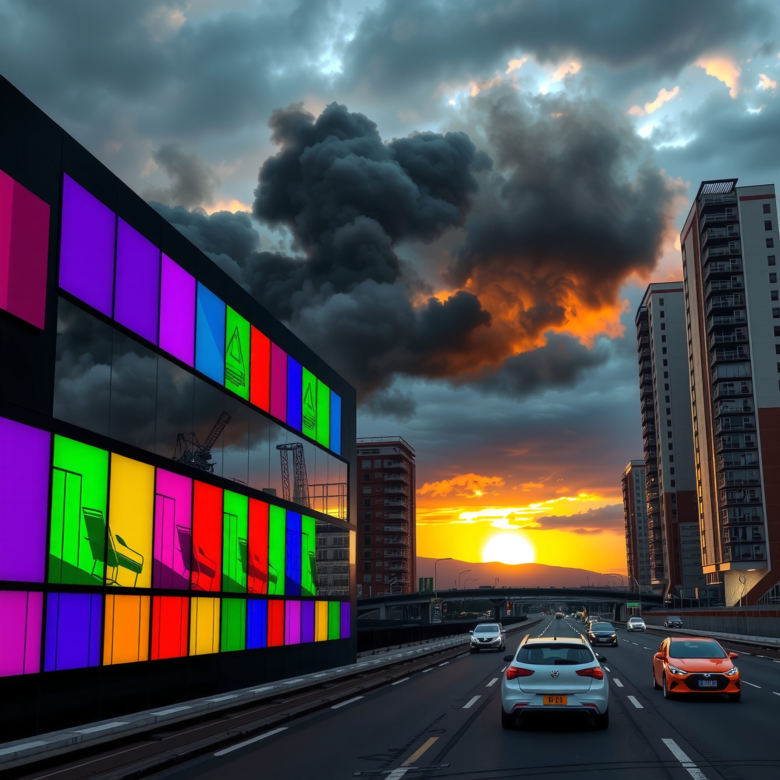 Urban Sunset with Colorful Display