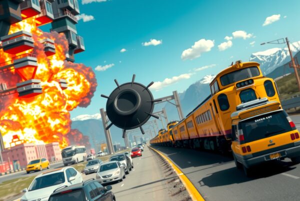 A chaotic highway scene with a yellow train, floating mine, and exploding building under a bright sky.