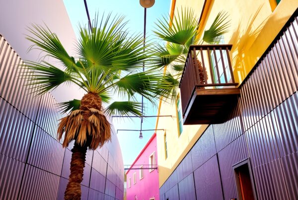 Colorful alleyway with palm tree, vibrant buildings, blue sky.