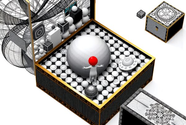 Abstract scene with red-headed figure in a mechanical box.