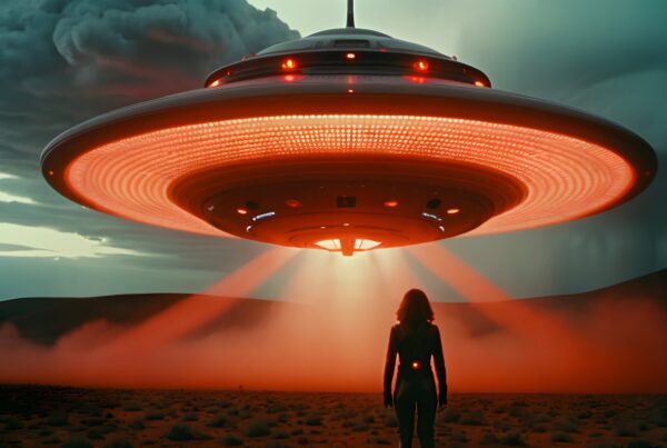 A human silhouette stands before a glowing UFO in a deserted landscape under ominous clouds.