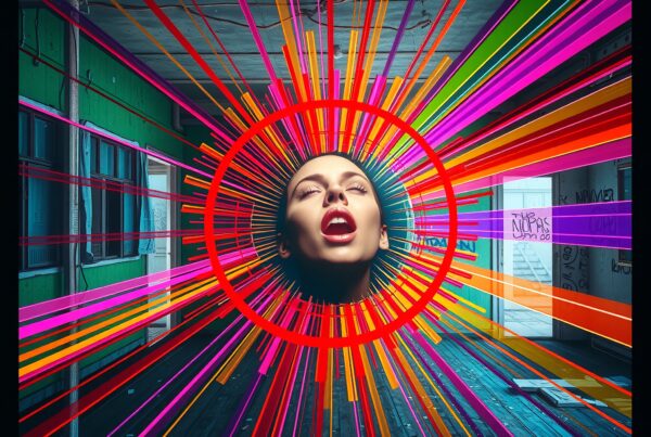 A woman's face amidst vibrant radiating lines in a graffiti-decorated urban setting.