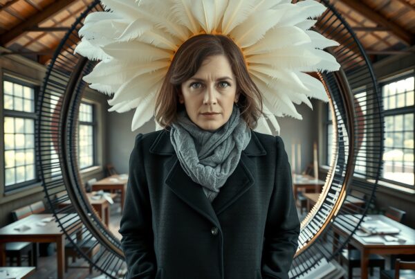 A woman stands amidst creativity, framed by a stunning feathered art installation in a sunlit room.