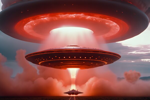 A fleet of UFOs ascends through glowing clouds, emitting radiant energy amidst a breathtaking, otherworldly landscape.