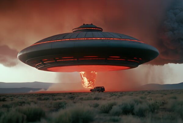 Futuristic UFO hovering over desert landscape at dusk.