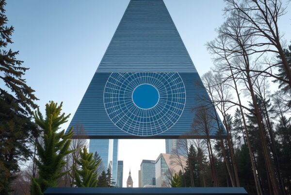 A modern triangular structure in a cityscape setting, blending urban architecture with natural surroundings.